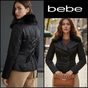 💎Bebe Vintage Satin Finish Pea Coat with Real Rabbit Fur Collar & Corset Back